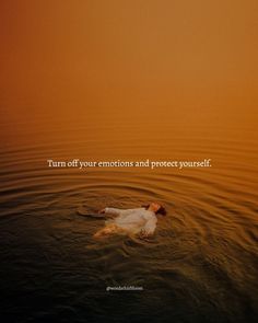 a man floating in the water with an orange sky behind him and a quote on it