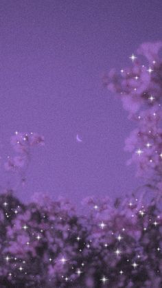 the night sky is purple and full of stars, as well as trees with leaves