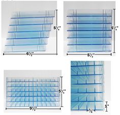 four different views of blue glass with measurements for each section and the other side,