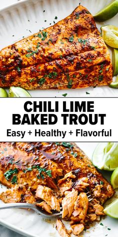 Chili lime baked trout Baked Fish Dinner, Fish Dinner Recipes, Lime Recipes, Fish Recipes Healthy