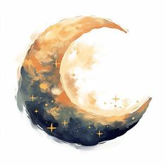 a painting of the moon with stars and clouds on it's side, painted in watercolor