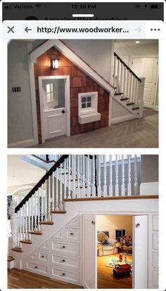 two pictures show the inside of a dog house with stairs leading up to the door