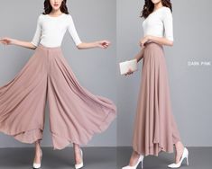 * A pair of chiffon cropped pants, wide leg hem, like a skirt. * Lightweight high quality chiffon fabric, fit for summer. * We can custom make the size and length, if you need custom make, please let us know, thanks. * Materials: hight quality pearl chiffon(100% polyester) Shop sizing chart FYI ( actual body figures, not laying flat clothes measurements) Size XS (US 2, UK 6, German 32, French 34) Bust: fits bust around 33.5 inches/85cm Waist: fits waist around 26 inches/66cm Hips: fits hips arou Pink Chiffon Bottoms For Spring, Pink Flowy Wide Leg Bottoms, Elegant Flowy Pink Bottoms, Pink Chiffon Long Skirt, Elegant Pink Flare Bottoms, Wide Leg Chiffon Bottoms, Wide Leg Pants Summer, Wide Leg Culottes, Flowy Wide Leg Pants