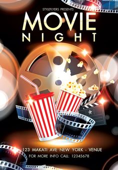 movie night flyer template with popcorn and soda