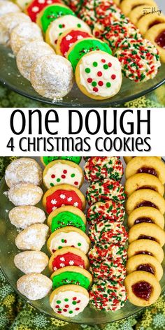 one dough christmas cookies is on a platter and the other has sprinkles