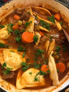 a pot full of stew with carrots, meat and dumplings on the side