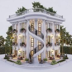 a large white house with a spiral staircase