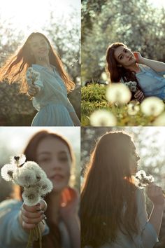 four different pictures of a woman with dandelions in her hair and the sun behind her