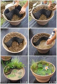 the steps to make a pond in a potted planter are shown with instructions