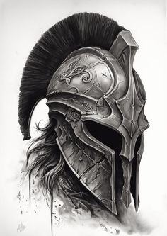 a drawing of a spartan helmet with long hair and spikes on the side, in black and white