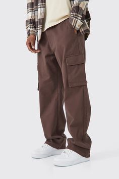 Fixed Waist Relaxed Fit Cargo Pants | boohooMAN USA Mens Outfits With Cargo Pants, Cargo Pant Design, Brown Pants Fit Men, Cargo Pant For Men, Men In Cargo Pants, Cotton Cargo Pants Men, Black Mens Fall Outfits, Mens Clothing Streetwear, Brown Khaki Pants Outfit Men