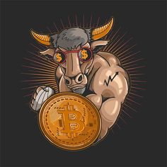 the bull is holding a bitcoin in his right hand and wearing goggles