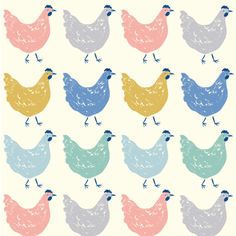 a bunch of colorful chickens standing next to each other on top of a pink background