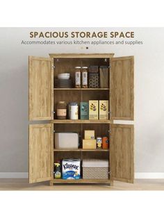 an open cabinet with various items in it and the words spaceous storage space above it