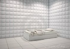 a white bed in a room with square tiles on the wall and floor, 3d rendering