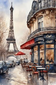 a painting of the eiffel tower in paris, with tables and chairs outside