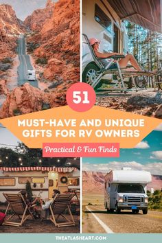 the ultimate guide to buying and selling rvs for $ 1 00 per month with text overlay that reads 51 must - have and unique gifts for rv owners practical & fun finds