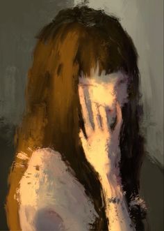 a digital painting of a woman covering her face with her hand and looking at the camera