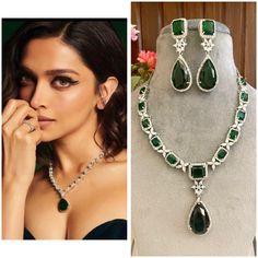 Green Wedding Jewelry, Dark Green Wedding, Aesthetic Jewellery, Green Pendant Necklace, Green Pendant, Diamond Necklace Designs, Green Pendants, Back Necklace, Bollywood Jewelry