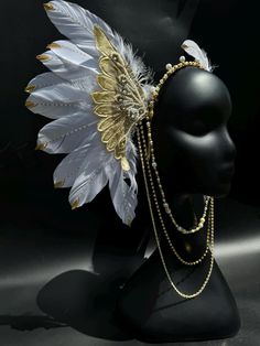 Traditional White Headpiece For Party, Traditional White Party Headpiece, White Fantasy Headpiece For Party, White Rhinestone Party Headpiece, Angel Valkyrie, Valkyrie Headdress, Feathered Headpiece, Feathered Headdress, Christmas Headdress