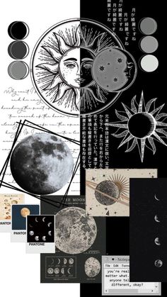 a collage of photos with moon and sun on them, in black and white