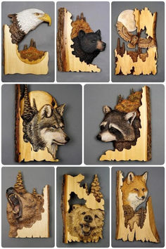 several pictures of different animals carved into wooden pieces with eagle, wolf, bear, and fox heads on them