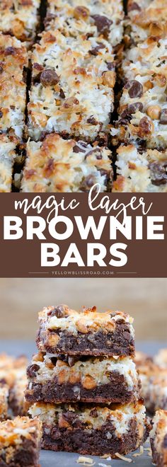 chocolate brownie bars stacked on top of each other with text overlay that reads, magic ginger brownie bars