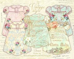 three baby dresses with flowers on them and the words vintage style written in gold lettering