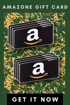 two amazon gift cards sitting on top of green grass with the words get it now