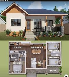 the floor plan for a small house with two bedroom and an attached porch, which is also