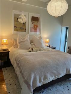 a large bed sitting in a bedroom next to two lamps on either side of it