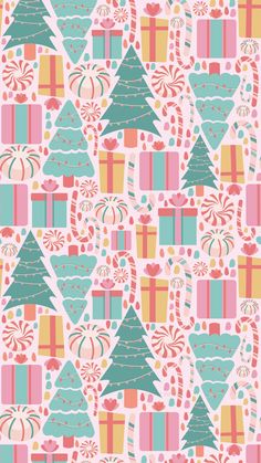 a colorful christmas pattern with presents and trees on the side, as well as candy canes