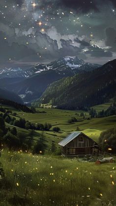 the night sky is filled with stars above a green field and mountain range in the distance