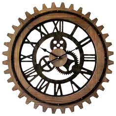 a wooden clock with gears attached to it