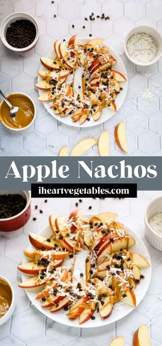 apple nachos on a white plate with apples and chocolate chips in bowls next to them