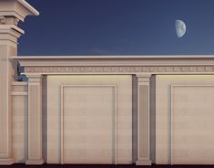 an old building with columns and a moon in the sky