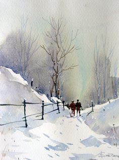 watercolor painting of two people riding horses in the snow on a snowy day with trees and fence