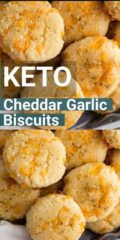 keto cheddar garlic biscuits stacked on top of each other with text overlay