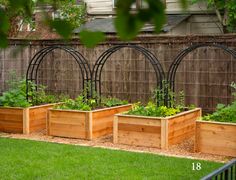 an outdoor garden area with several wooden planters