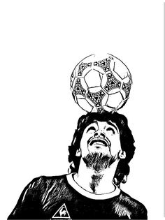 a black and white drawing of a man with a soccer ball on top of his head