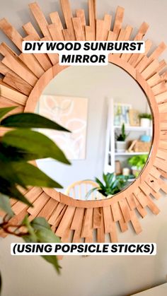 a mirror that is sitting on top of a wooden shelf next to a potted plant