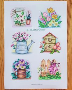 an image of stickers with flowers and birdhouses on the front, in watercolor