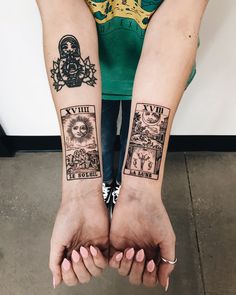 two people with matching tattoos on their arms