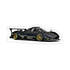 a black race car with yellow rims is shown in this sticker decal