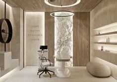 a room with a chair, desk and shelves on the wall next to a round light fixture