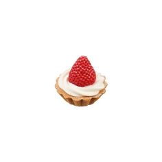 a small cupcake topped with whipped cream and a strawberry on top, sitting in front of a white background