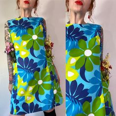 Flower Power. Super fun Vintage 1970's large scale flower power mini dress in shades of green & blue with large side patch pockets by Ja-Na of Hawaii. A perfect day to night cutie, plus hands free with those pockets.  💚💙 Fits L (I'm about a M), but please use measurements as fit guide.  15" shoulder  20" bust (on the half)  17.75" waist (on the half)  21.25" hip (on the half) 1.5" front vents  36.75" length  Unlined  Center back Talon zipper and single hook closure  Cotton - midweight  Side bu 1970s Green Floral Print Dress, 1970s Style Green Floral Print Dress, Green Mod Dress With Retro Print, 1960s Inspired, Back Shoulder, A Perfect Day, Dress Clothes For Women, Vintage 1970s, Shades Of Green