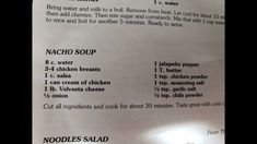 a recipe for nacho soup is shown on a paper sheet with instructions to make it