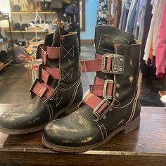 Distressed Look Fly London Boots. Never Worn. Fly London Boots, London Boots, Fly London Shoes, London Shoes, Fly London, Moto Boots, Combat Boots, Black Red, Black And Red