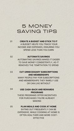 the five money saving tips list is shown in black and white, with text on it